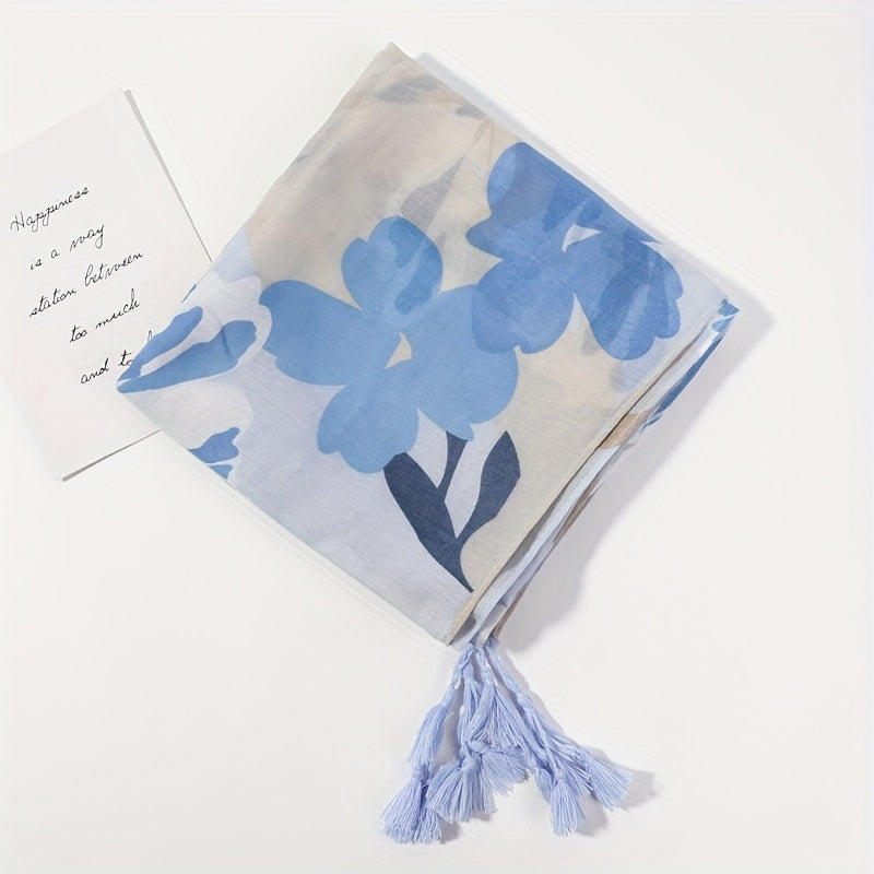 Flower Print Tassel Scarf Voile Shawl Windproof Warm Head Wrap