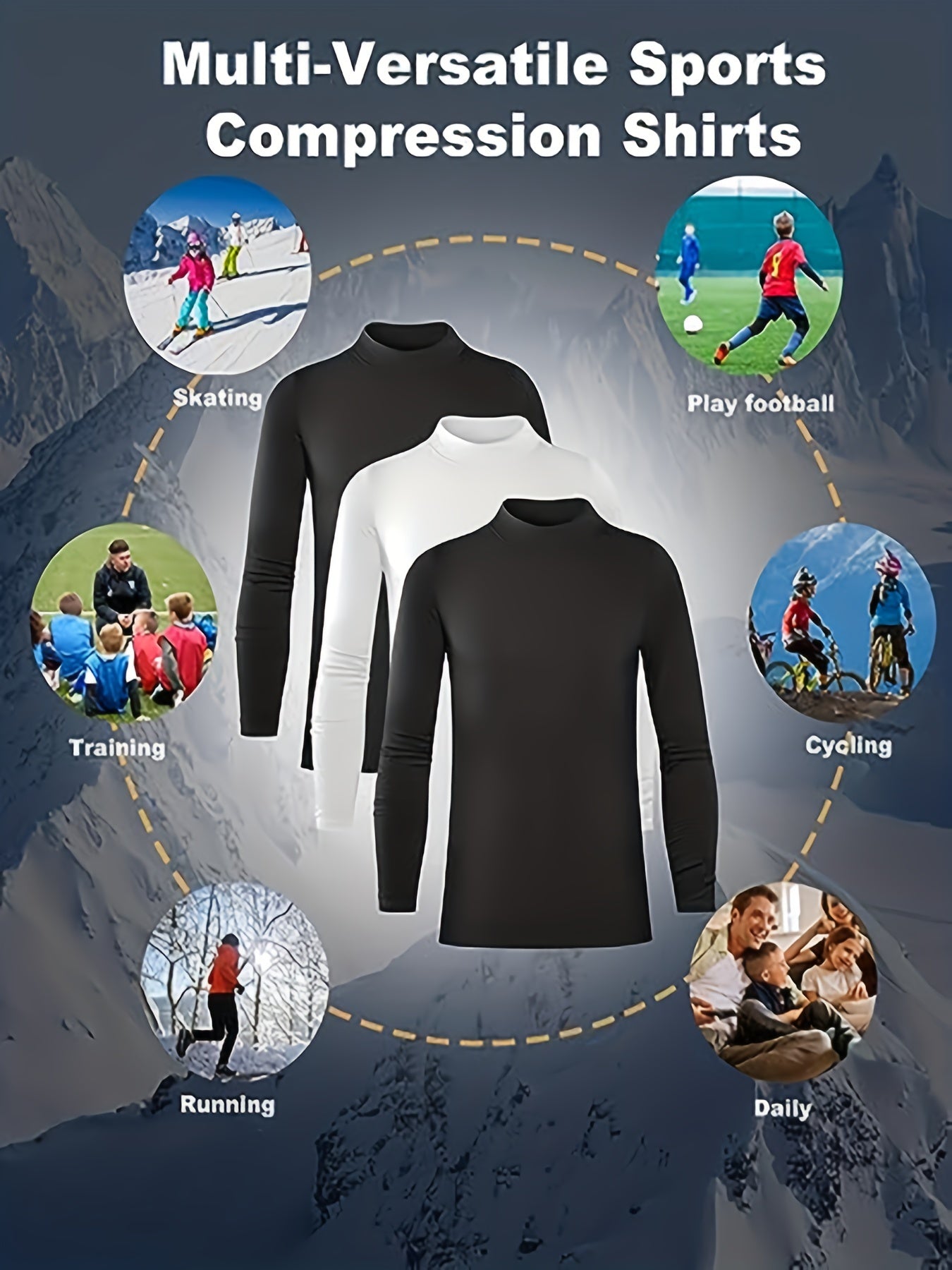 3pcs Kids' Warm Compression Shirt Mock Neck Top Long Sleeve Athletic Bottom