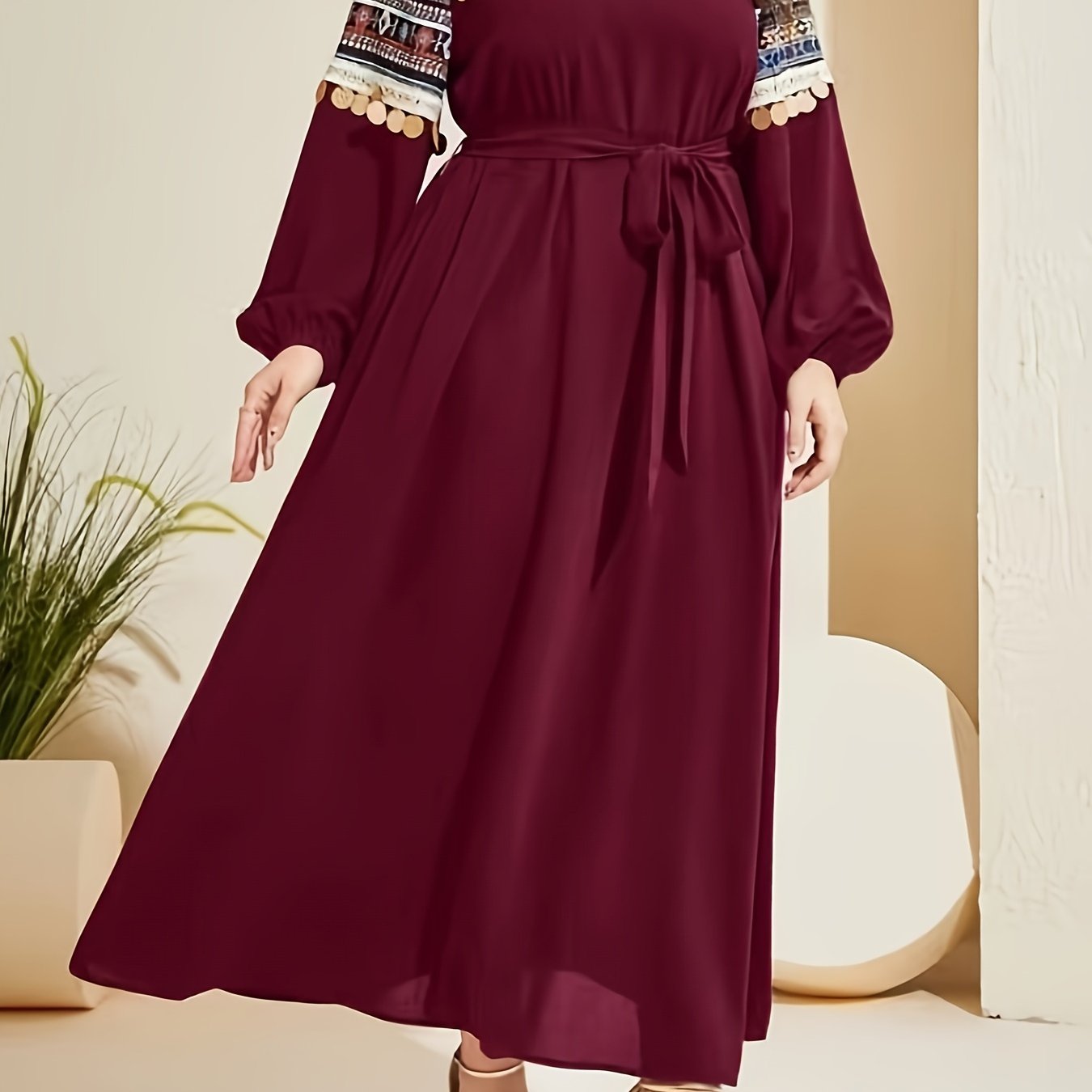 Boho Geometric Print Lantern Sleeve Maxi Dress With Belt