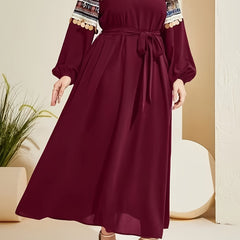Boho Geometric Print Lantern Sleeve Maxi Dress With Belt