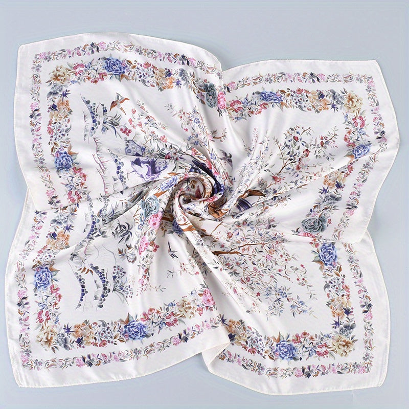 Floral Bird Print Silk Square Scarf Neckerchief