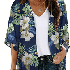 Tropical Print Cover Up Shirt V Neck Loose Fit Beachwear Women's Swimwear