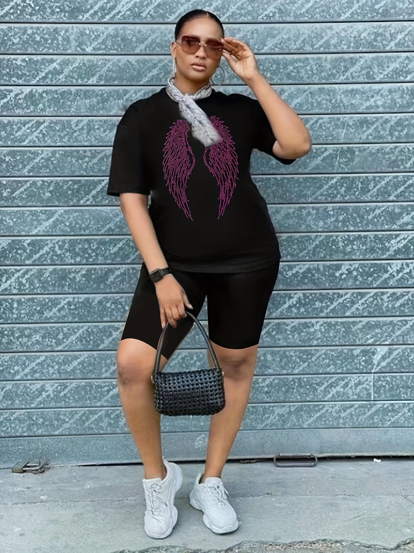Rhinestone Cross & Wings Tee & Biker Shorts Set