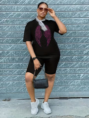 Rhinestone Cross & Wings Tee & Biker Shorts Set