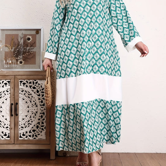 Abaya Dress Women's Plus Colorblock Argyle Print Long Sleeve V Neck