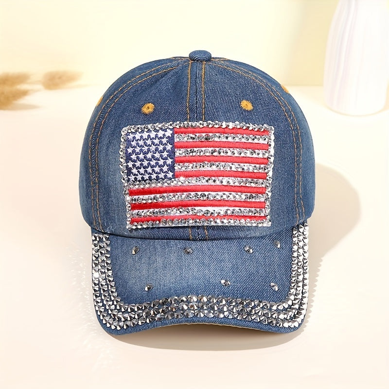 Flag Patch Baseball Cap Rhinestone Denim Washed Distressed Dad Hat