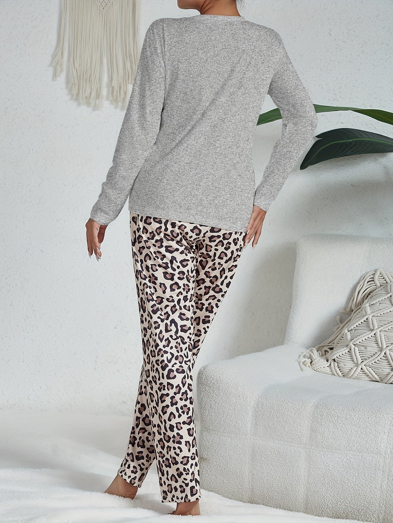 Leopard Pajama Set Long Sleeve Heart Print Top & Pants