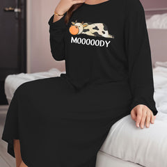 Cow & Letter Print Long Sleeve Dress