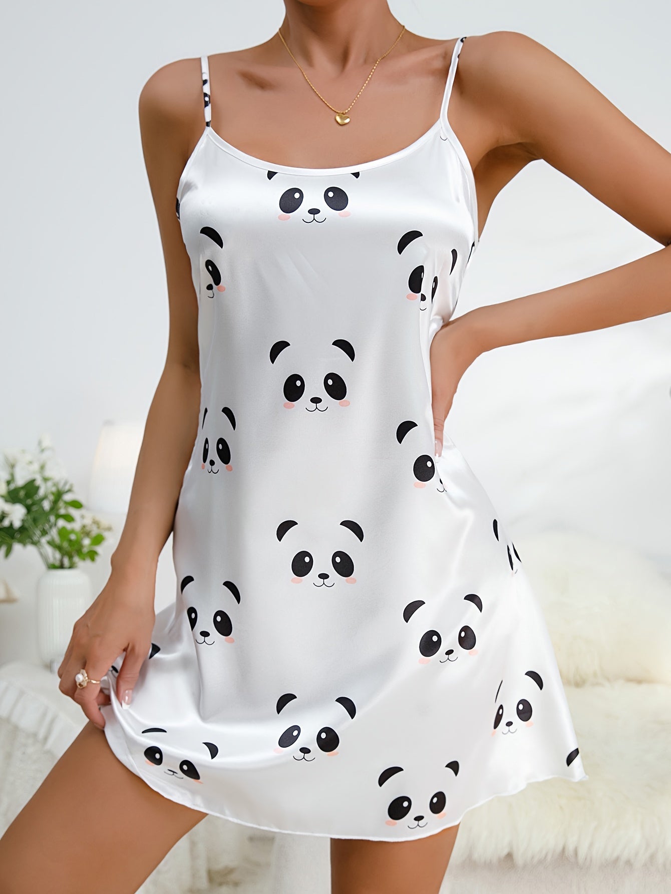 Panda Print Nightdress Crew Neck Sleep Dress Women's Sleepwear