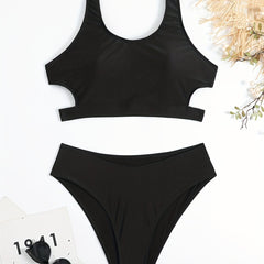 Sexy Bikini Set Women's Solid Cut Out Tank Top & Brief Two Piece