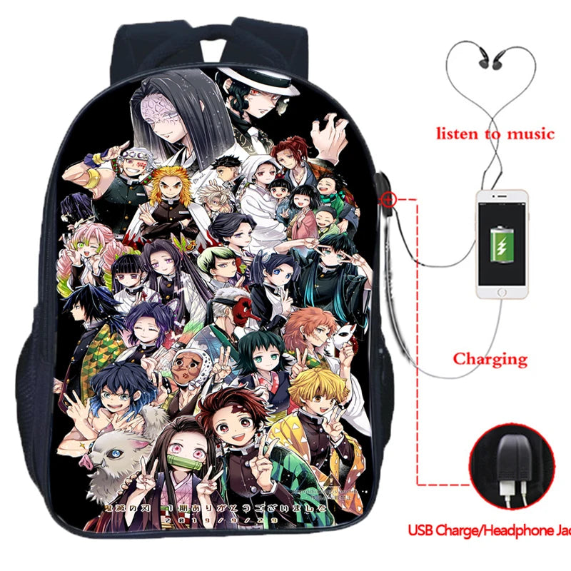16inch Anime Demon Slayer USB Backpack Kimetsu No Yaiba School Bag