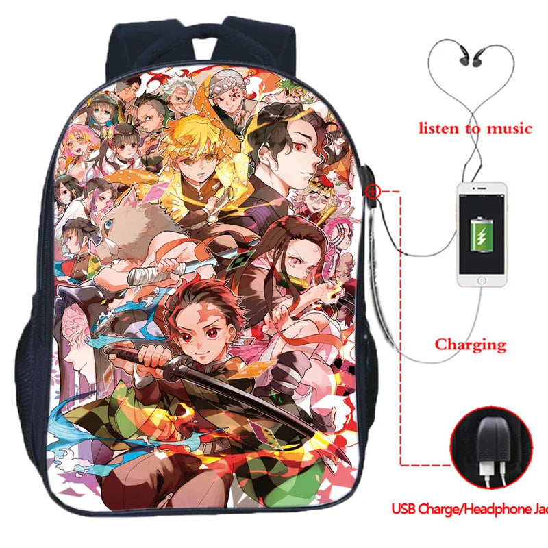 16inch Anime Demon Slayer USB Backpack Kimetsu No Yaiba School Bag