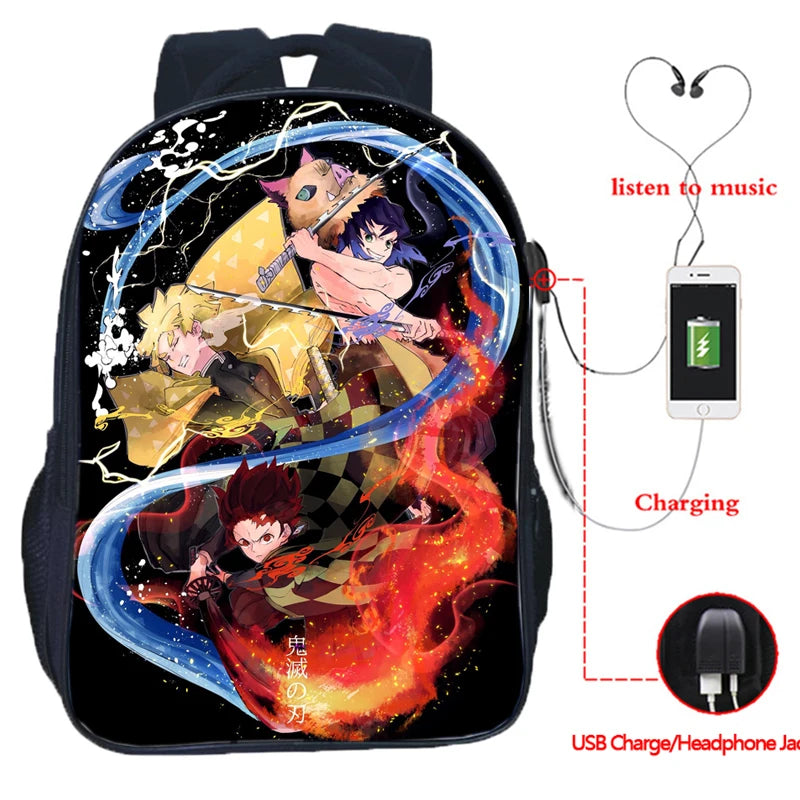 16inch Anime Demon Slayer USB Backpack Kimetsu No Yaiba School Bag