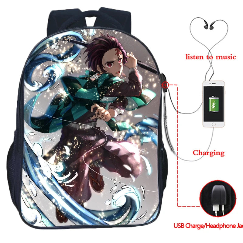 16inch Anime Demon Slayer USB Backpack Kimetsu No Yaiba School Bag