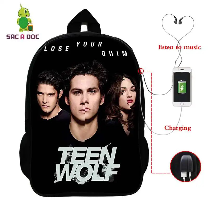 16in Teen Wolf Print Backpack Schoolbag Laptop USB Charging Travel