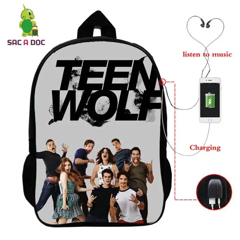 16in Teen Wolf Print Backpack Schoolbag Laptop USB Charging Travel