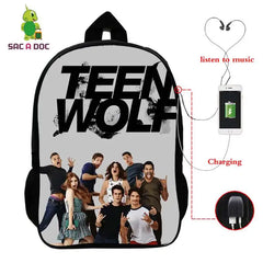16in Teen Wolf Print Backpack Schoolbag Laptop USB Charging Travel