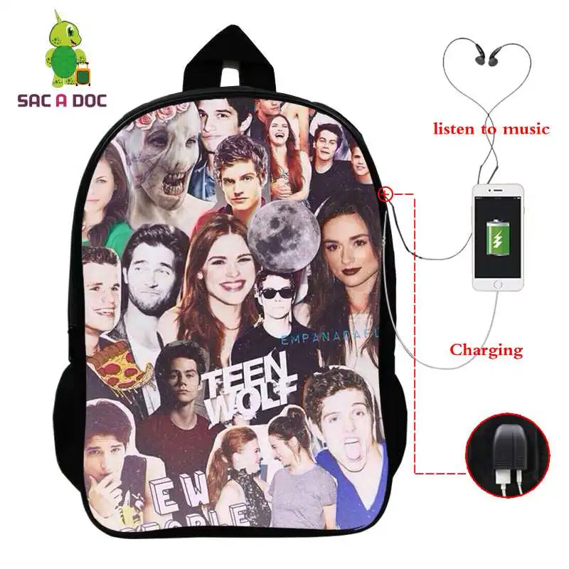16in Teen Wolf Print Backpack Schoolbag Laptop USB Charging Travel