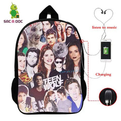 16in Teen Wolf Print Backpack Schoolbag Laptop USB Charging Travel