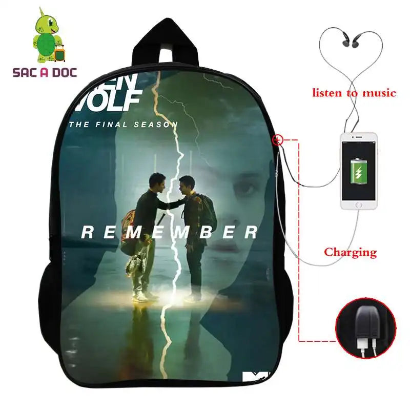 16in Teen Wolf Print Backpack Schoolbag Laptop USB Charging Travel