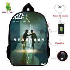 16in Teen Wolf Print Backpack Schoolbag Laptop USB Charging Travel