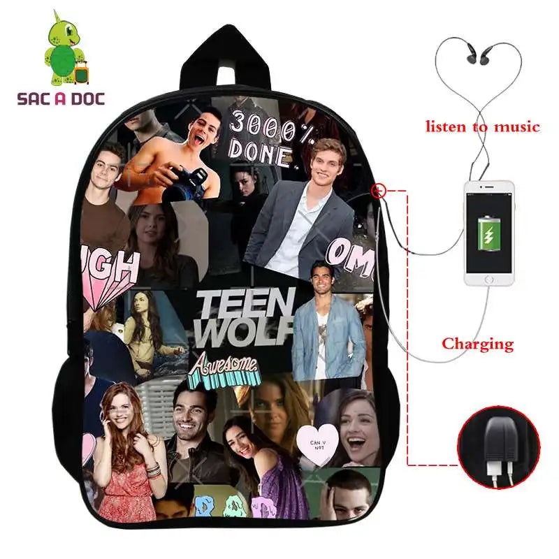 16in Teen Wolf Print Backpack Schoolbag Laptop USB Charging Travel