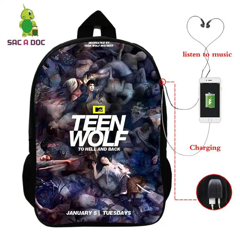 16in Teen Wolf Print Backpack Schoolbag Laptop USB Charging Travel