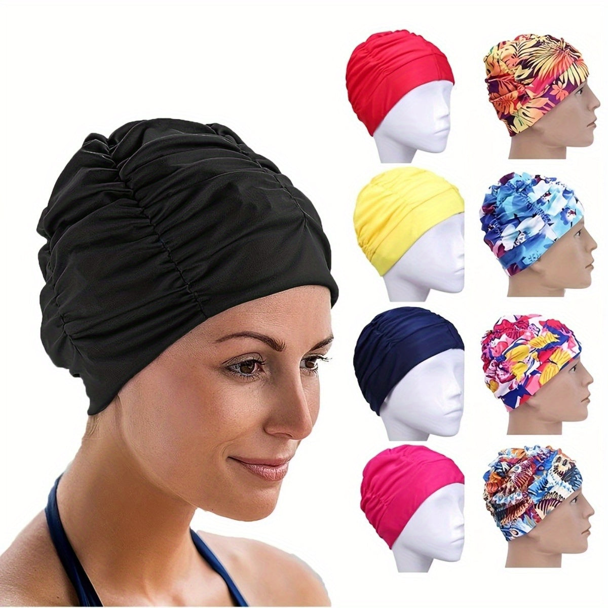High Elastic Flower Print Swim Cap for Men & Women