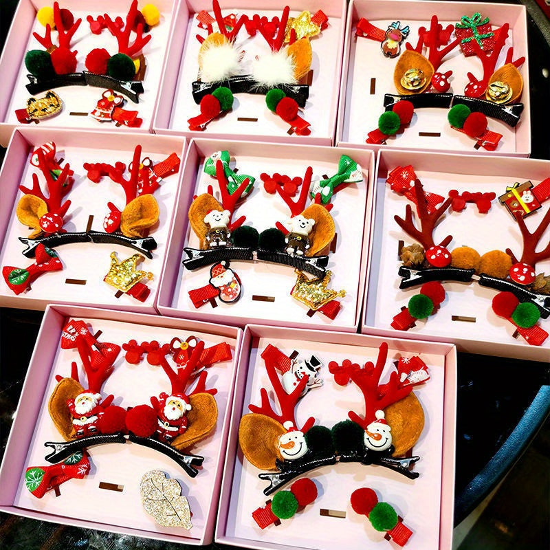 6pcs Christmas Hair Accessories Set Antlers Snowman Elk Hairpin