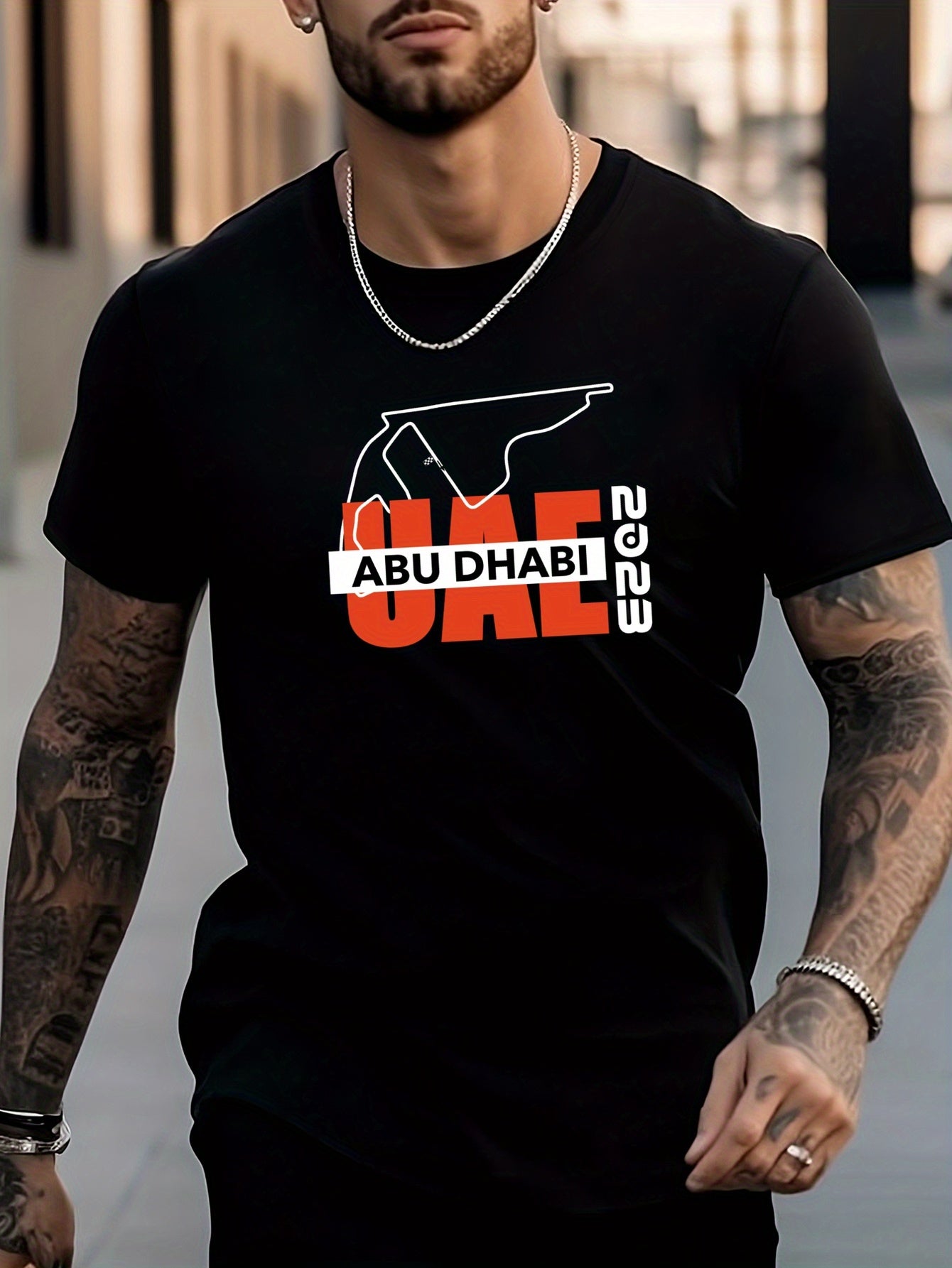 ABU DHABI Letter Pattern Men's T-shirt For Summer Outdoor