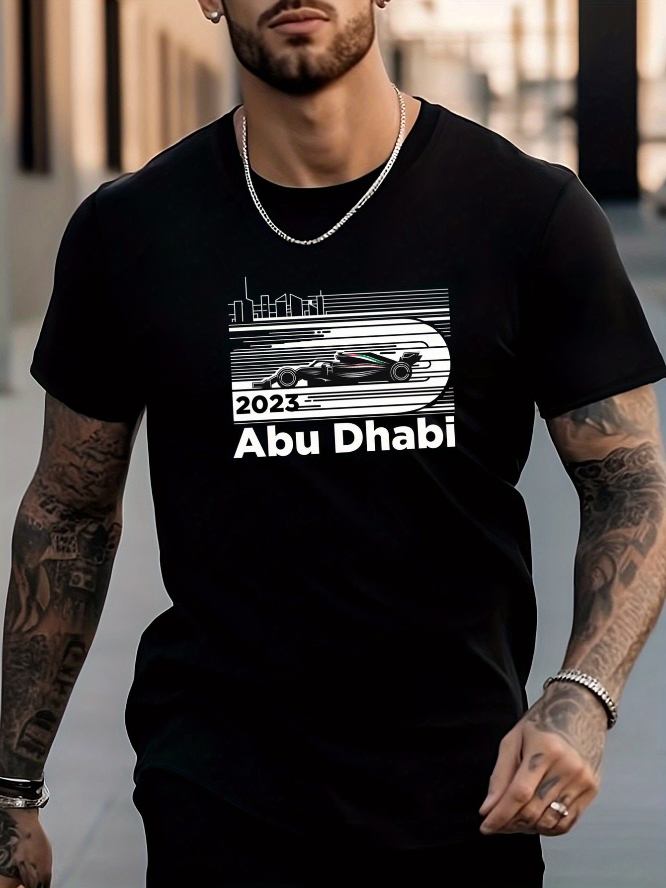 Men's Car Print Crew Neck Active T-shirt for Summer