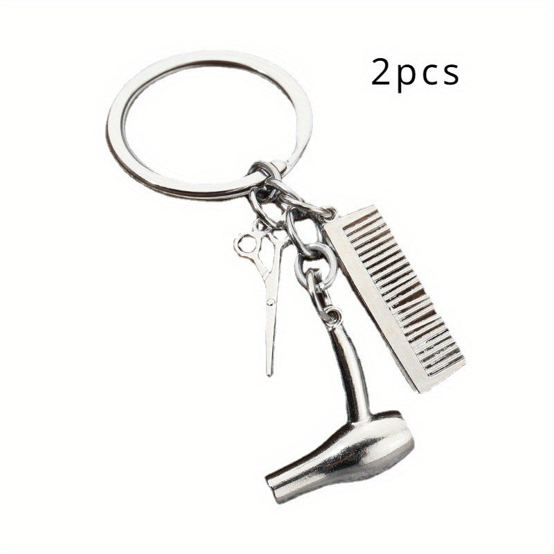 2pcs Blower Scissor Comb Keychain Car Key Pendant Keyring