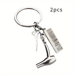 2pcs Blower Scissor Comb Keychain Car Key Pendant Keyring