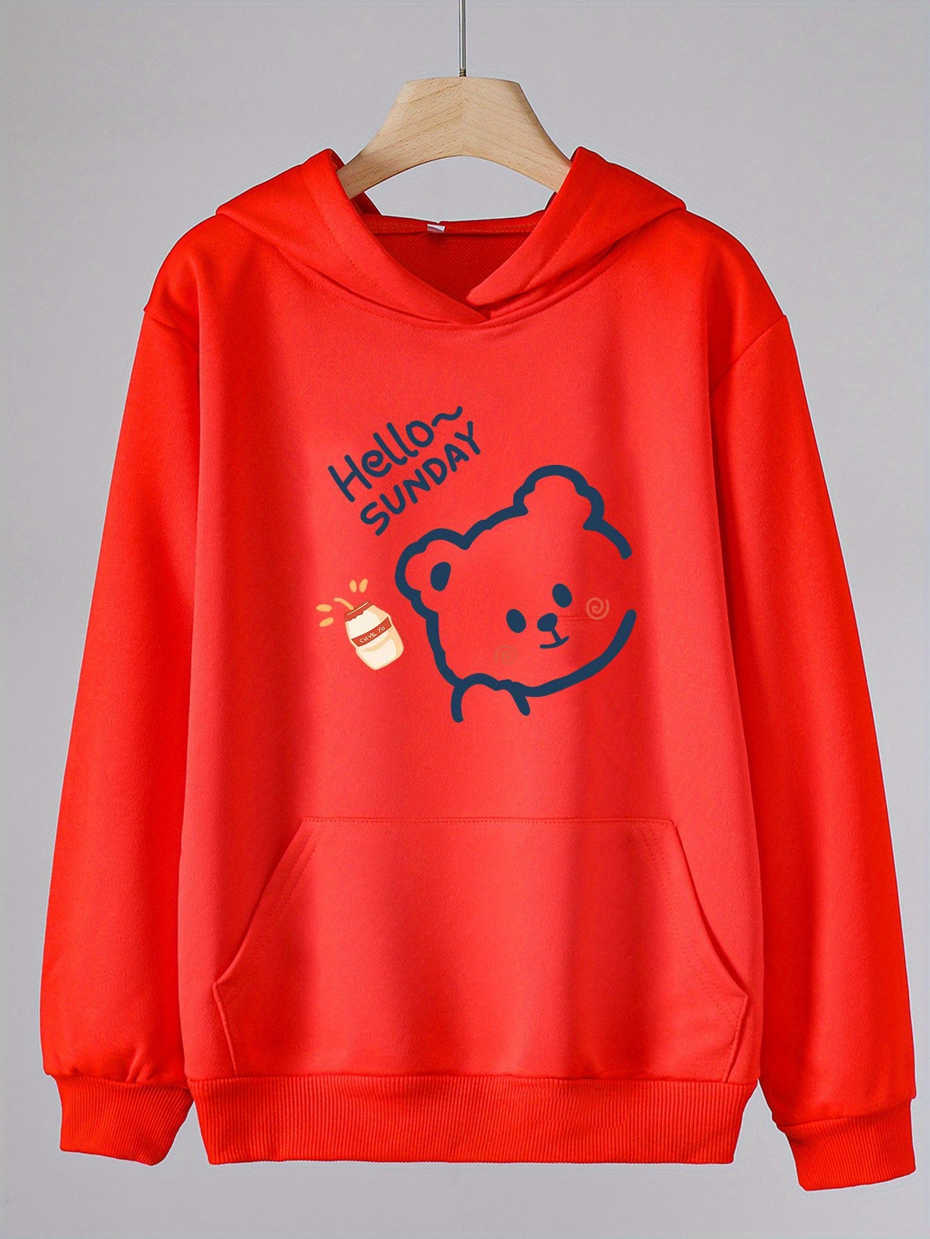 Bear Print Hoodies Girls Comfy Hooded Pullover Tops With Pocket