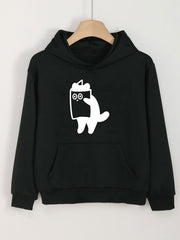 Kitty Print Hoodies Girls Comfy Hooded Pullover Tops with Pocket