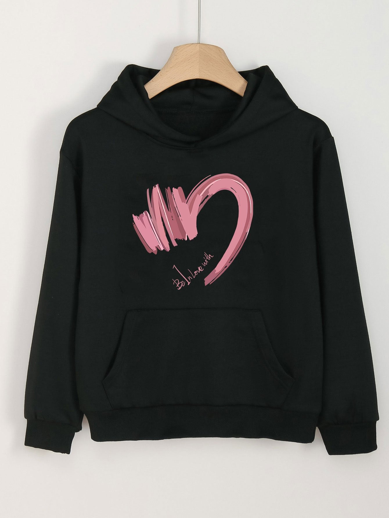 Heart Print Hoodies Girls Comfy Hooded Pullover Tops With Pocket