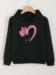 Heart Print Hoodies Girls Comfy Hooded Pullover Tops With Pocket