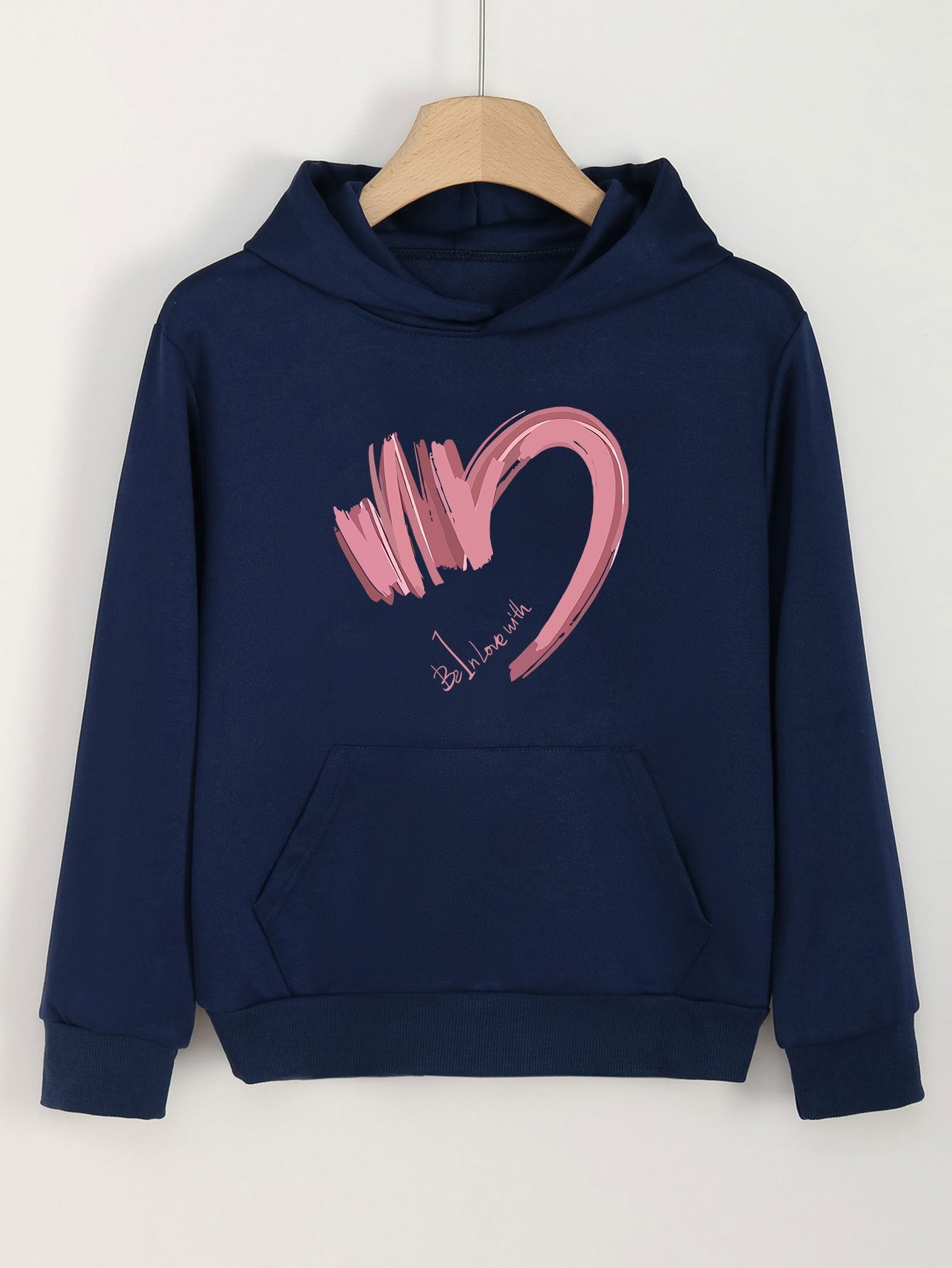 Heart Print Hoodies Girls Comfy Hooded Pullover Tops With Pocket