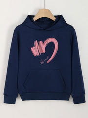 Heart Print Hoodies Girls Comfy Hooded Pullover Tops With Pocket
