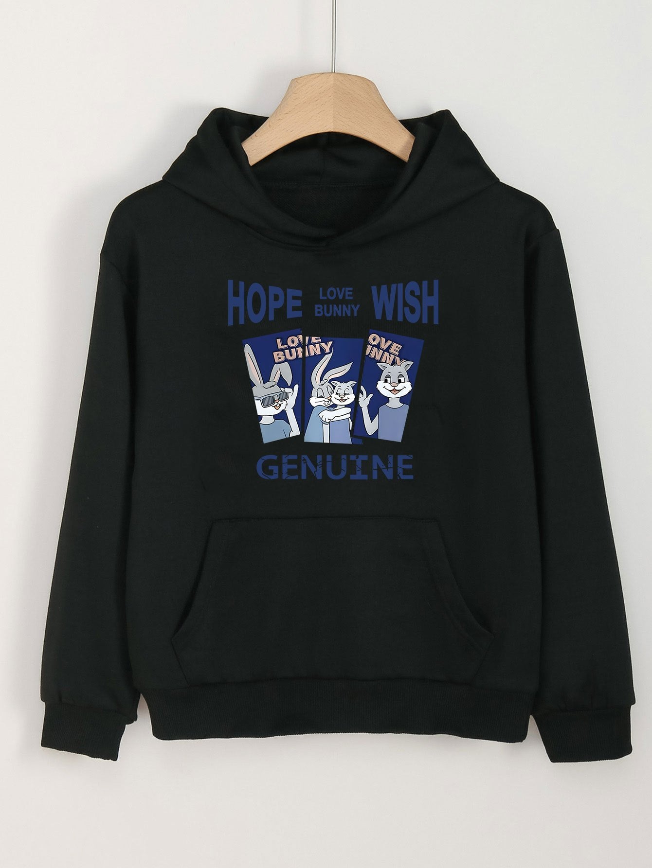 Bunny Print Hoodie Girls Hooded Pullover Top With Pocket