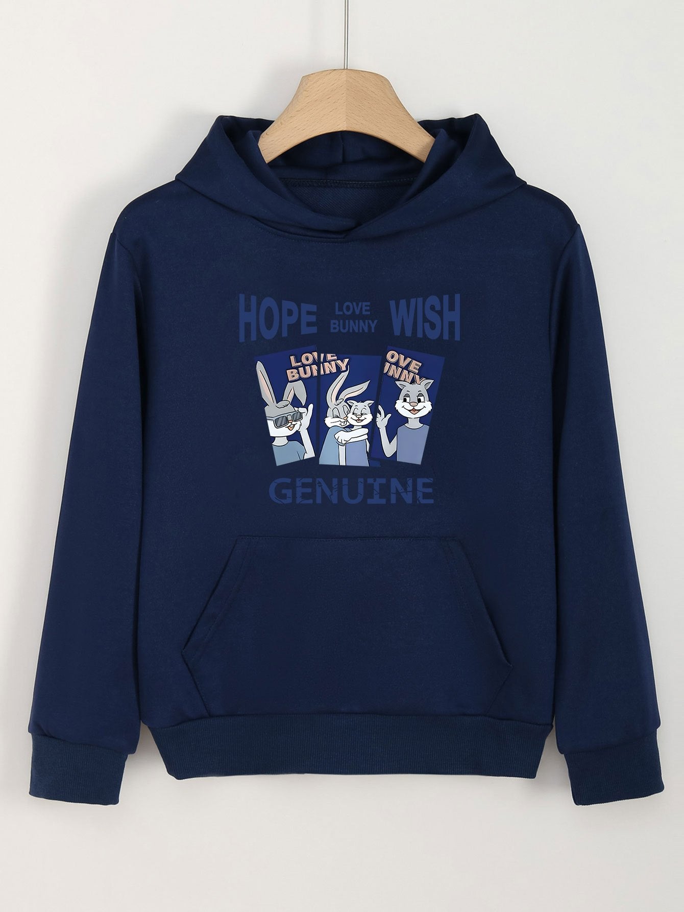 Bunny Print Hoodie Girls Hooded Pullover Top With Pocket