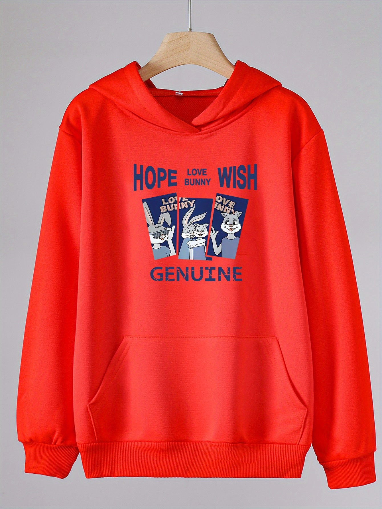 Bunny Print Hoodie Girls Hooded Pullover Top With Pocket