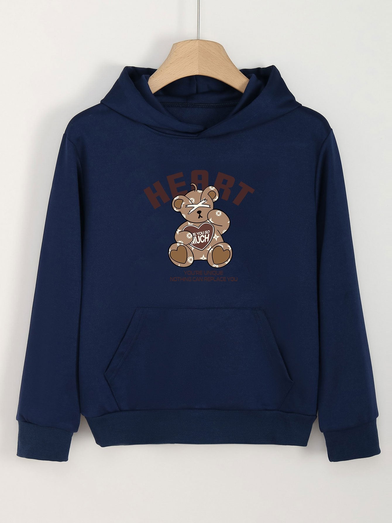 Heart Bear Print Hoodies Girls Comfy Hooded Pullover Tops