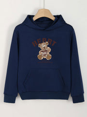 Heart Bear Print Hoodies Girls Comfy Hooded Pullover Tops