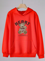 Heart Bear Print Hoodies Girls Comfy Hooded Pullover Tops