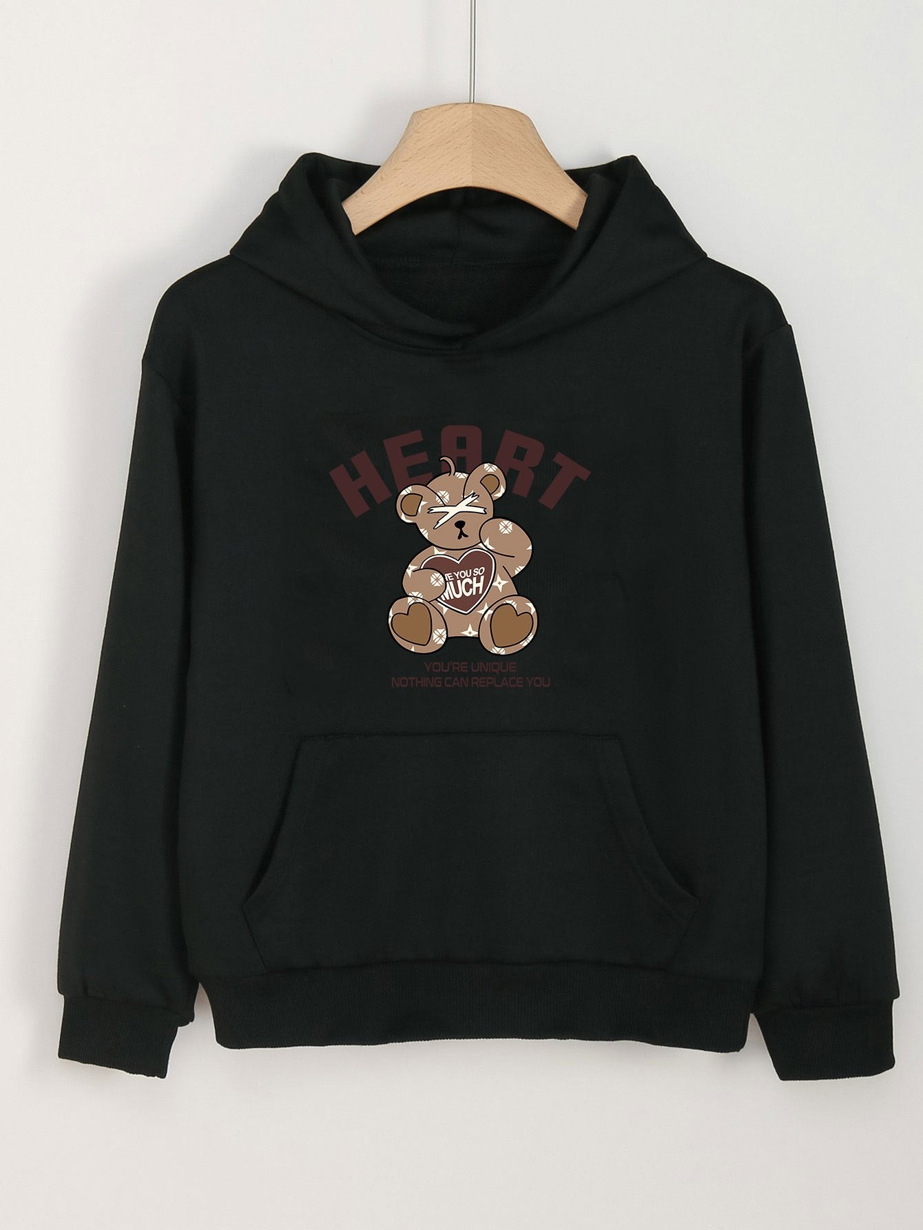 Heart Bear Print Hoodies Girls Comfy Hooded Pullover Tops
