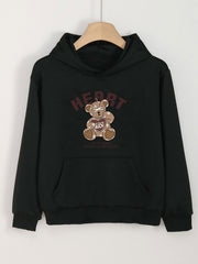 Heart Bear Print Hoodies Girls Comfy Hooded Pullover Tops