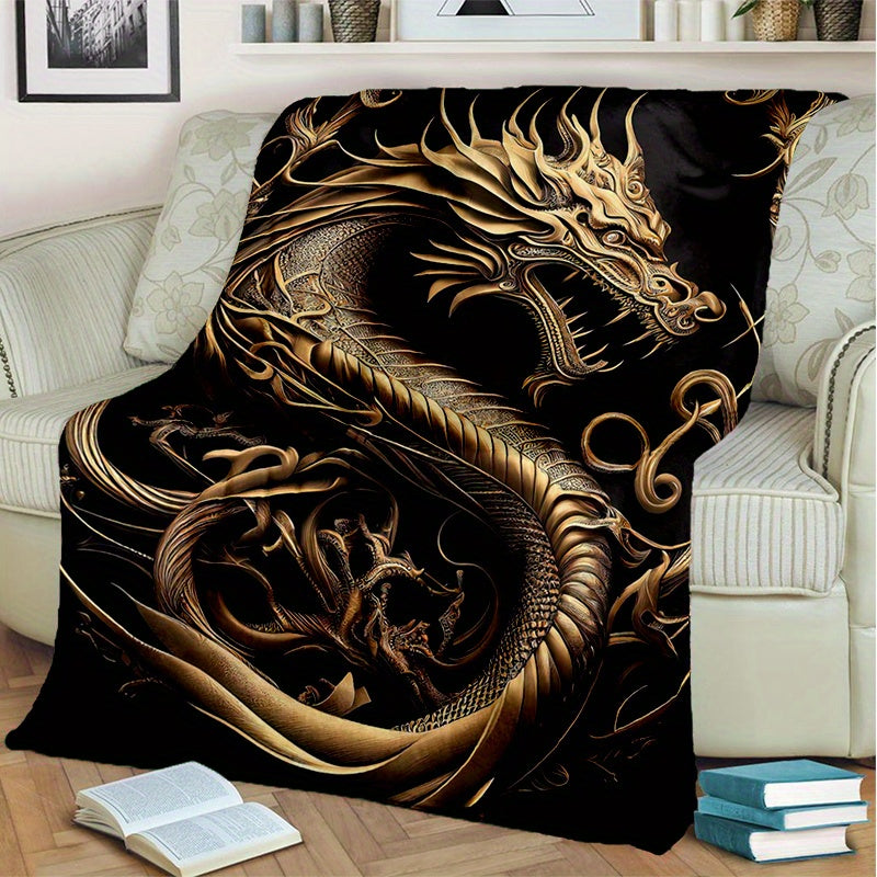 Golden Dragon Flannel Blanket Cozy Soft Throw Blanket