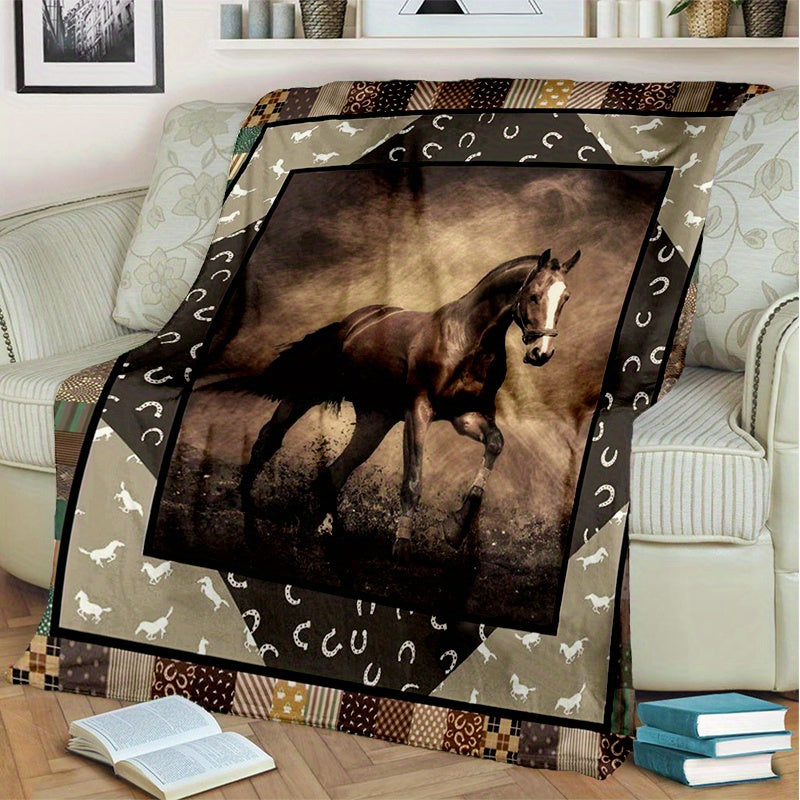 Retro Horse Flannel Blanket Cozy Soft Throw for Outdoor Traveling