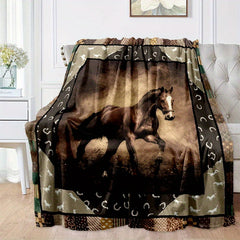 Retro Horse Flannel Blanket Cozy Soft Throw for Outdoor Traveling